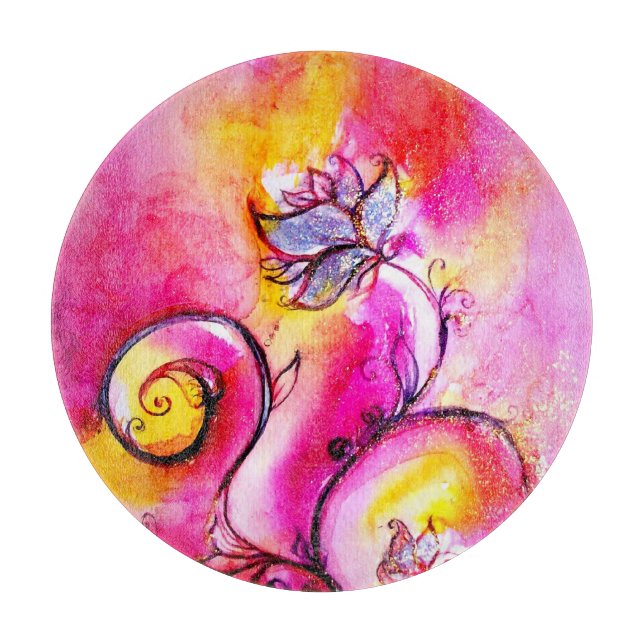 WHIMSICAL FLOWERS  Blue Pink Yellow Floral Fantasy Cutting Board (Front)