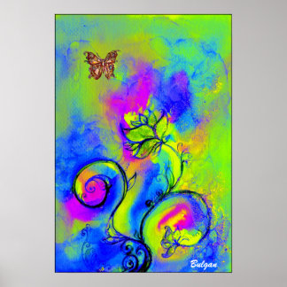WHIMSICAL FLOWERS & BUTTERFLIES blue green yellow Poster