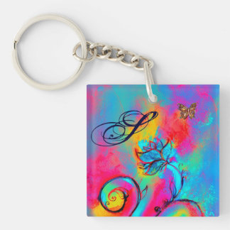 WHIMSICAL FLOWERS & BUTTERFLIES pink yellow blue Key Ring