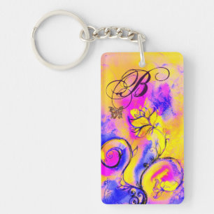 WHIMSICAL FLOWERS & BUTTERFLIES pink yellow blue Key Ring