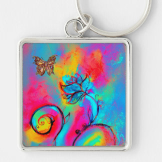 WHIMSICAL FLOWERS & BUTTERFLIES pink yellow blue Key Ring