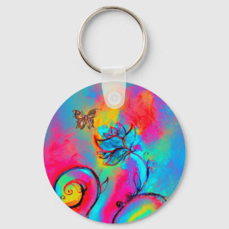 WHIMSICAL FLOWERS & BUTTERFLIES pink yellow blue Key Ring