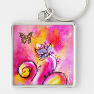 WHIMSICAL FLOWERS & BUTTERFLIES pink yellow blue Key Ring