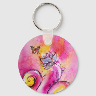 WHIMSICAL FLOWERS & BUTTERFLIES pink yellow blue Key Ring