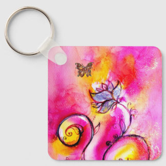 WHIMSICAL FLOWERS & BUTTERFLIES pink yellow blue Key Ring