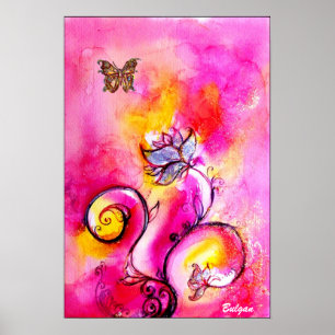 WHIMSICAL FLOWERS & BUTTERFLIES  pink yellow blue Poster