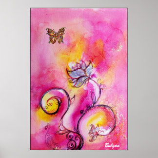 WHIMSICAL FLOWERS & BUTTERFLIES pink yellow blue Poster