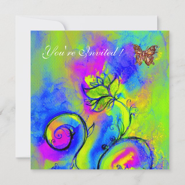 WHIMSICAL FLOWERS & BUTTERFLIES purple blue green Invitation (Front)