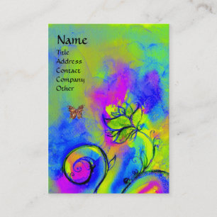 WHIMSICAL FLOWERS & BUTTERFLY green purple yellow Business Card
