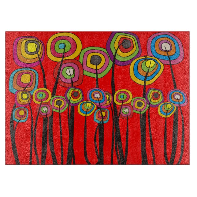 Whimsical Flowers Cutting Board RED (Front)