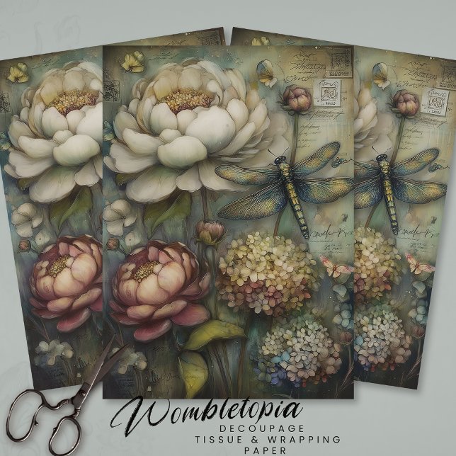 Whimsical Flowers & Dragonfly Ephemera Decoupage  Tissue Paper (Creator Uploaded)