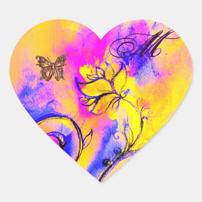 WHIMSICAL FLOWERS, GOLD BUTTERFLY HEART MONOGRAM HEART STICKER (Front)