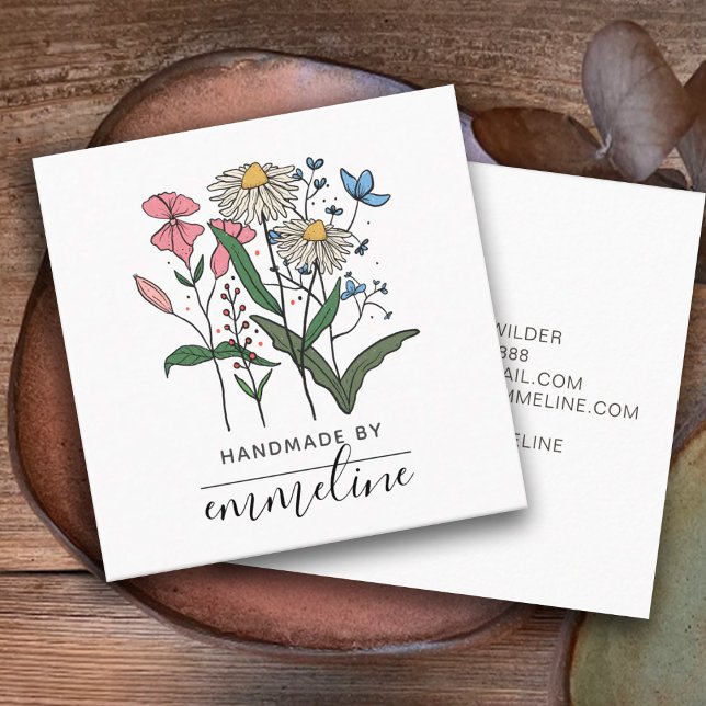 Whimsical Flowers Handmade By Craftsman  Square Business Card (Creator Uploaded)