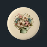 Whimsical Flowers in a Planter Pot Cute 6 Cm Round Badge<br><div class="desc">Button with a cute image. Blue. pink and cream colored flowers with green leaves. Set inside a green flower pot with a green plaid cloth hanging over the side.</div>