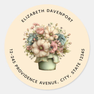 Whimsical Flowers in a Planter Pot Cute Address Classic Round Sticker