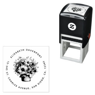 Whimsical Flowers in a Planter Pot Cute Address Self-inking Stamp