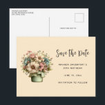 Whimsical Flowers in a Planter Pot Cute Announcement Postcard<br><div class="desc">Save the date postcard with a cute image. Blue. pink and cream colored flowers with green leaves. Set inside a green flower pot with a green plaid cloth hanging over the side.</div>