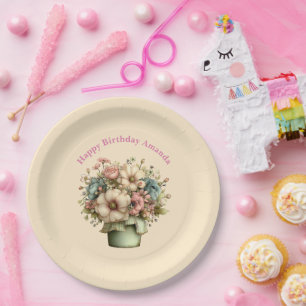Whimsical Flowers in a Planter Pot Cute Birthday Paper Plate