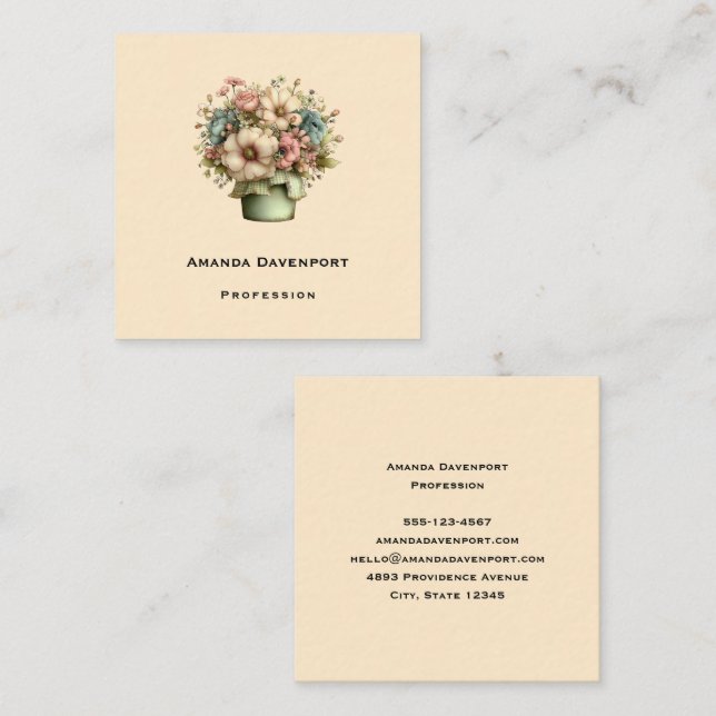 Whimsical Flowers in a Planter Pot Cute Florist Square Business Card (Front/Back)