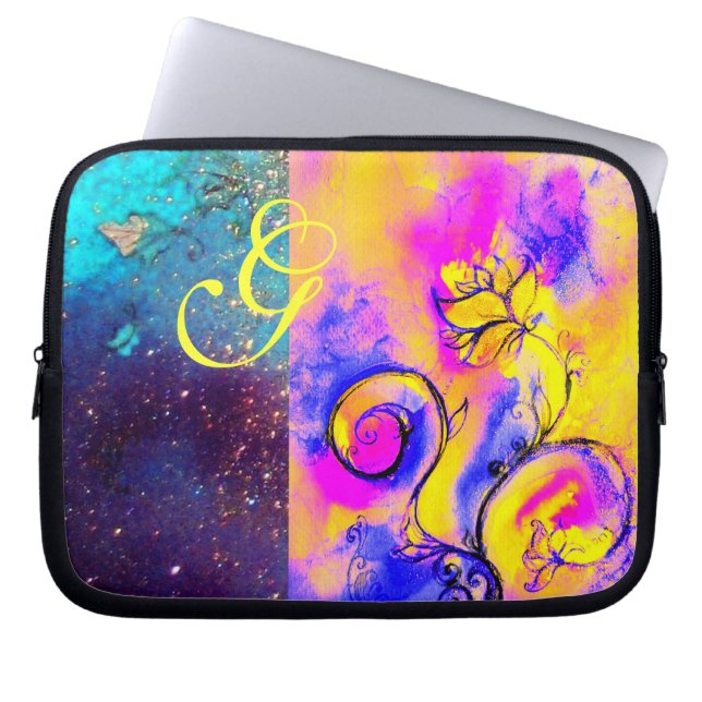WHIMSICAL FLOWERS MONOGRAM Pink Yellow Blue Laptop Sleeve (Front)