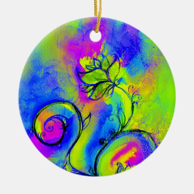 WHIMSICAL FLOWERS MONOGRAM pink yellow purple blue Ceramic Tree Decoration (Front)