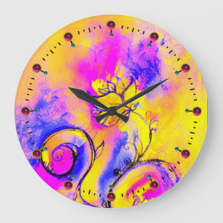 WHIMSICAL FLOWERS pink yellow blue Large Clock