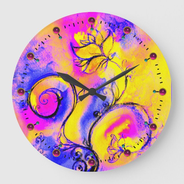 WHIMSICAL FLOWERS  pink yellow  blue Large Clock (Front)