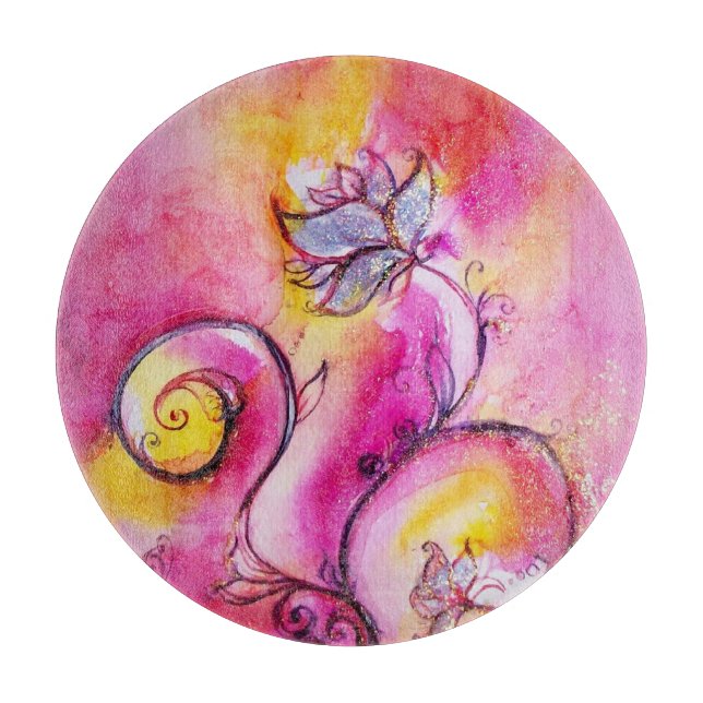 WHIMSICAL FLOWERS Pink Yellow Floral Fantasy Cutting Board (Front)