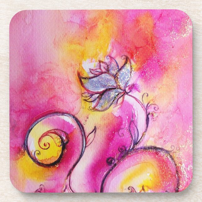 WHIMSICAL FLOWERS  pink yellow fuchsia Coaster (Front)