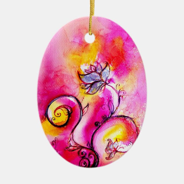 WHIMSICAL FLOWERS pink yellow purple Ceramic Tree Decoration (Front)