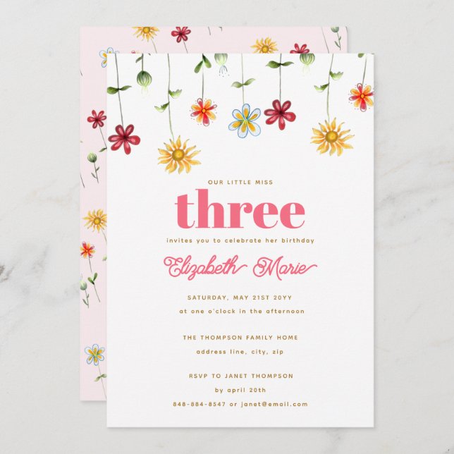 Whimsical Flowers Pink Yellow Red Girl Birthday Invitation (Front/Back)