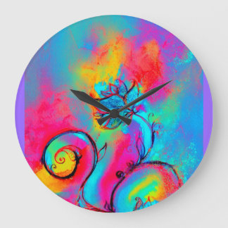 WHIMSICAL FLOWERS pink yellow teal blue Large Clock