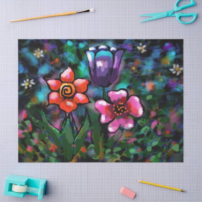 Whimsical Flowers Purple Blue Pink Decoupage Tissue Paper (Craft)