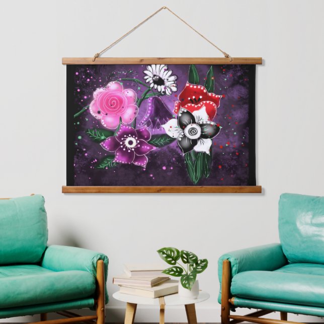 Whimsical Flowers Purple Floral Black White Pink Hanging Tapestry (Living Room)