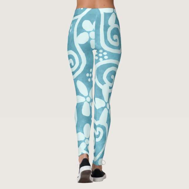 Whimsical Flowers & Swirls Blue White Pattern  Leggings (Back)