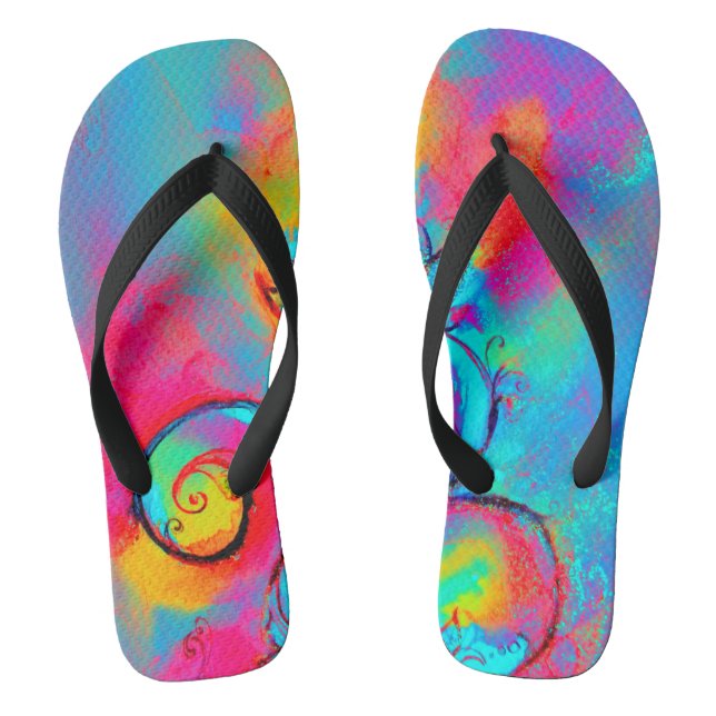 WHIMSICAL FLOWERS  teal blue pink yellow Jandals (Footbed)