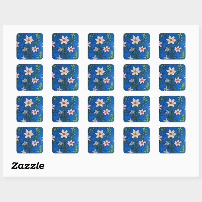 Whimsical Flowers with Blue Background  Square Sticker (Sheet)