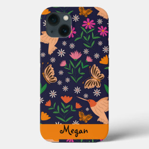 Whimsical Flowers with Hummingbirds Custom Name iPhone 13 Case