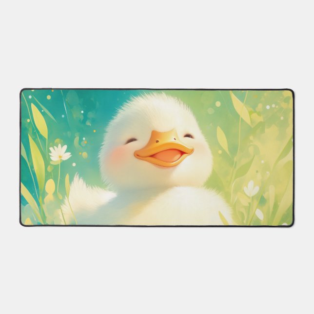 Whimsical Fluffy Duckling Rosy Cheek Spring Meadow Desk Mat (Front)