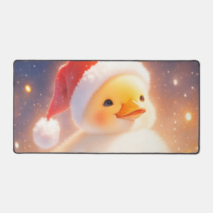 Whimsical Fluffy Duckling Santa Hat Holiday Snow Desk Mat