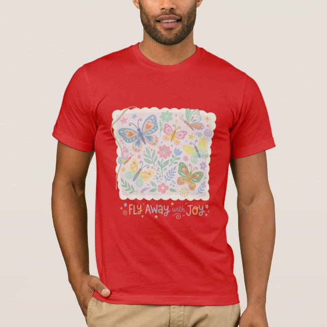 Whimsical Flutter: Pastel Block Print Butterflies T-Shirt (Front)