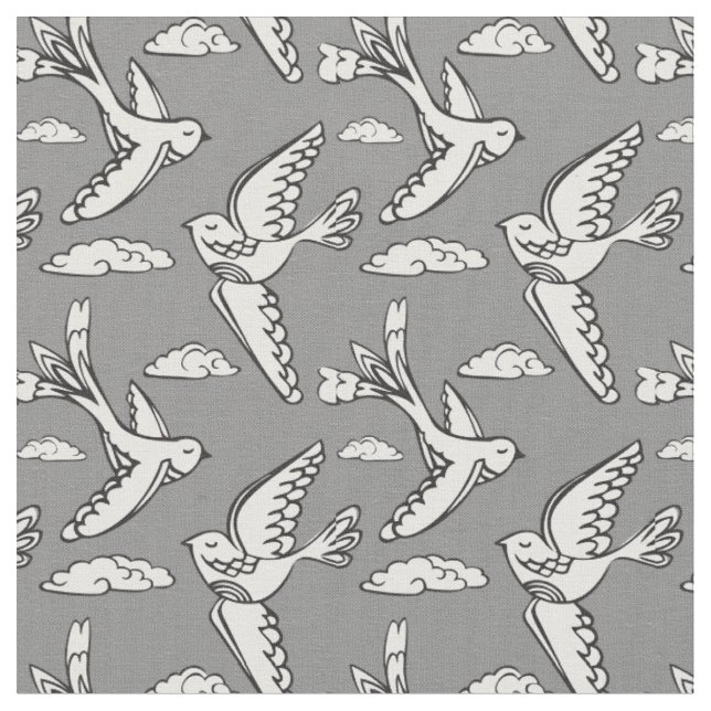 Whimsical flying birds graphic mono fabric (Close Up)