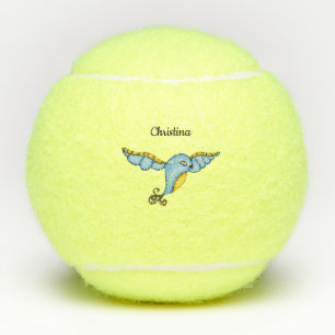 Whimsical Flying Bluebird Yellow Scroll Tail Tennis Balls