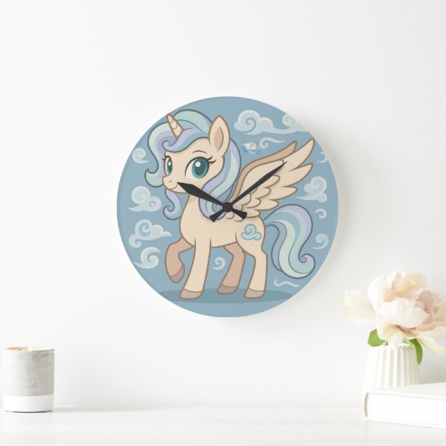 Whimsical Flying Pony Wall Clock – Cute Pastel Peg (Home)