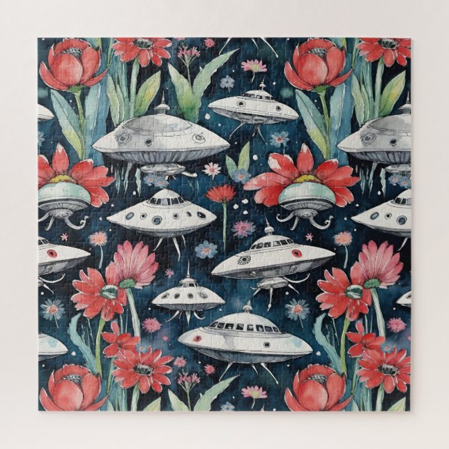 Whimsical Flying Saucers and Red Flowers Navy Jigsaw Puzzle (Vertical)
