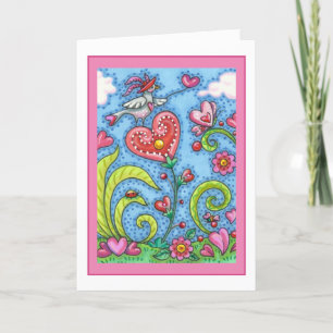 WHIMSICAL FOLK ART BIRD, VALENTINE HEARTS GARDEN HOLIDAY CARD