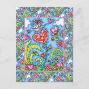 WHIMSICAL FOLK ART BIRD, VALENTINE HEARTS GARDEN HOLIDAY POSTCARD