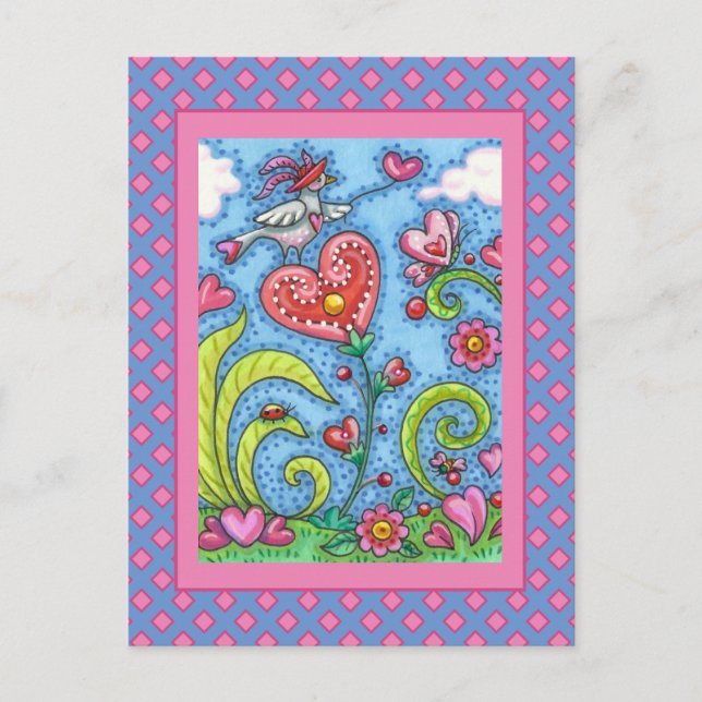 WHIMSICAL FOLK ART BIRD, VALENTINE HEARTS GARDEN HOLIDAY POSTCARD (Front)
