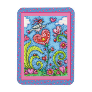 WHIMSICAL FOLK ART BIRD, VALENTINE HEARTS GARDEN MAGNET