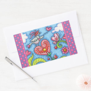 WHIMSICAL FOLK ART BIRD, VALENTINE HEARTS GARDEN RECTANGULAR STICKER